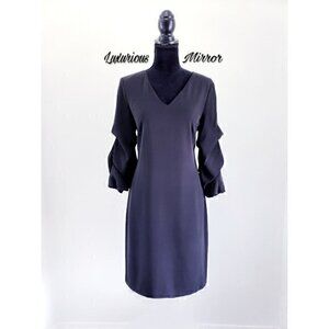 DKNY Womens V-Neck Ruched Pleated Sleeve Black Sheath Knee Length Dress Sz 8 NEW